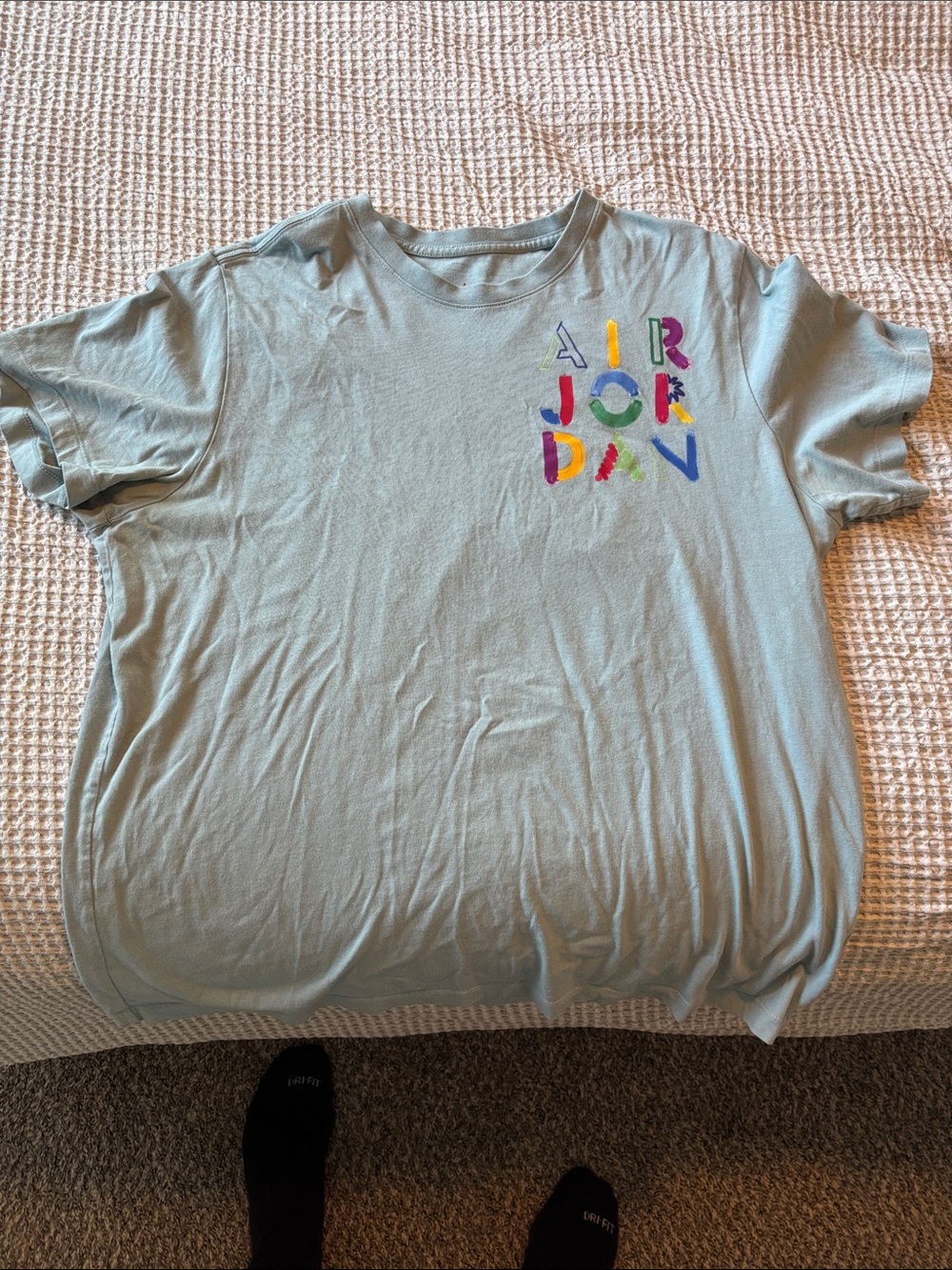 Jordan Light Blue Short Sleeve Tee with Multicolor 'Air Jordan' Graphic